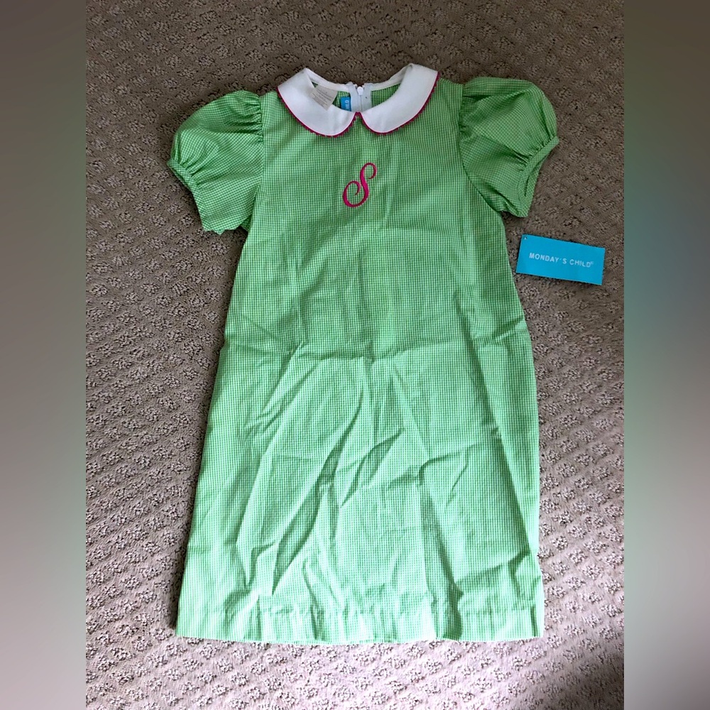 NWT! Girl’s 5T Green Gingham Dress w/ Embroidered “S”